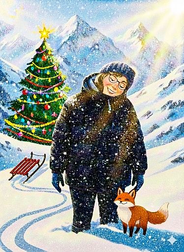 Ich von KI gezeichnet in einer Berglandschaft im Schnee stehend, ich blicke auf einen kleinen Fuchs zu meinen Füßen. Ein Schlitten ist zu sehen und ein Weihnachtsbaum und es schneit.