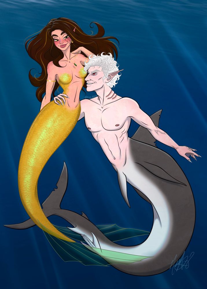 Astarion as a Shark holding the waist of Evelyn Hale as a mermaid. Evelyn has a long sparkling golden tail and she’s wearing a marquise cut emerald necklace.
