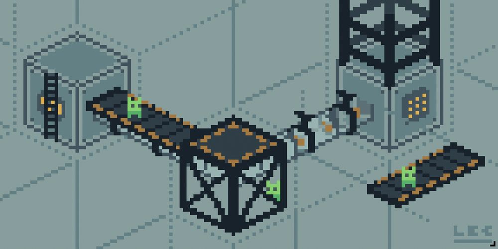 an isometric pixel art drawing of a schematic showing two machines connected by pipes with items moving through them