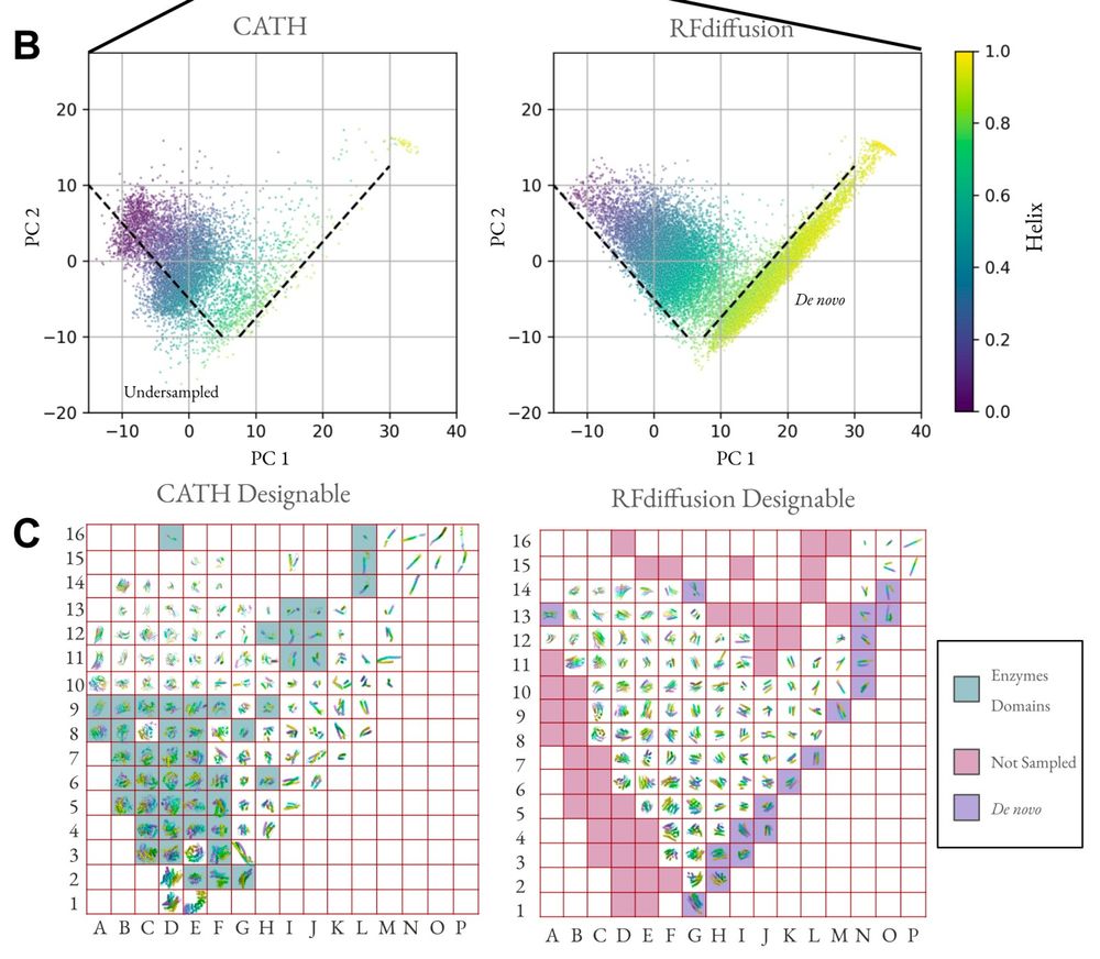 Protein structure embeddings reveal undersampled and de novo structure space. (B) First two principal components of mean-pooled ESM3 embeddings colored by helix content determined by DSSP. The indicated dashed guide lines denote visual boundaries of native structure space not sampled (Undersampled) and novel regions of protein structure for this space only observed in samples but not in native structures (De novo). (C) Rasterized visualization of panel B with 16 equally spaced grid squares in each principal component axis. A representative structure from each grid was chosen at random. Empty grid squares indicate the absence of any structure in the enclosed region. De novo alpha helices are shaded along the lower-right diagonal and the structures from CATH which do not have corresponding structures in the samples are shaded along the left and top rims. The structures are displayed in CATH raster plot are given in the Supplementary Information.