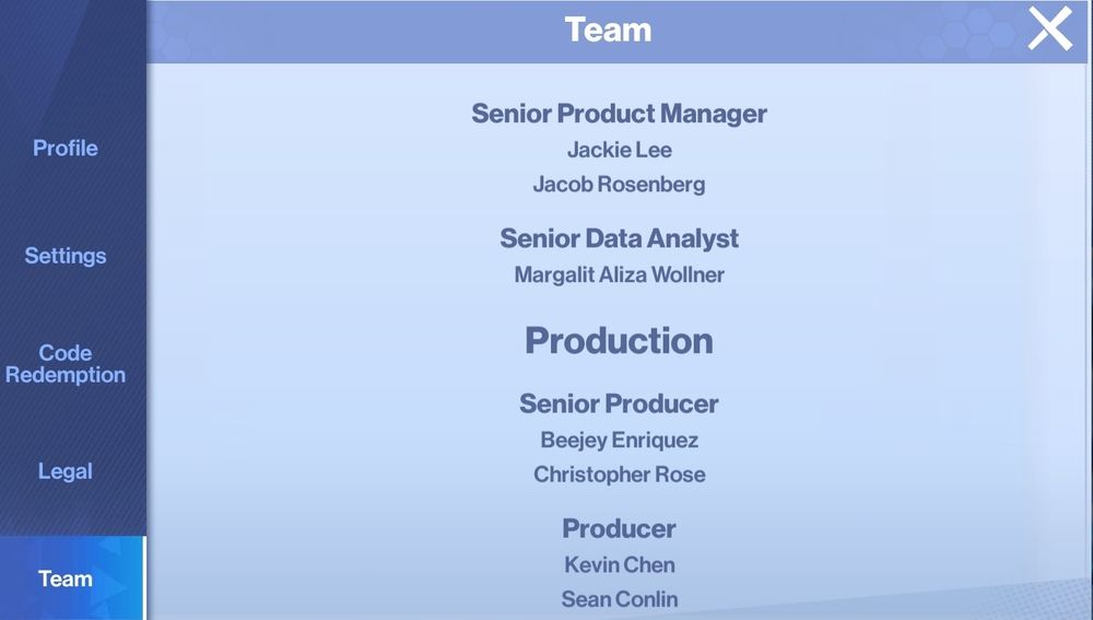 A screenshot of DC Worlds Collide Team credits