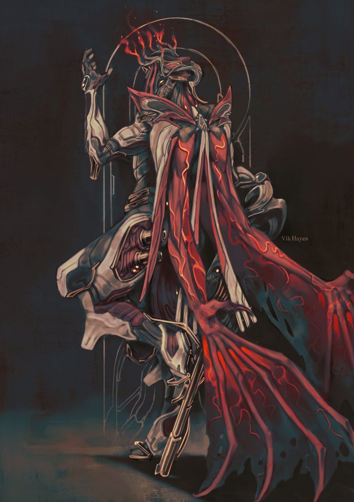 the Cyte-09 Warframe adorned with demonic accessories. Leaning against his iconic Neutralizer rifle.