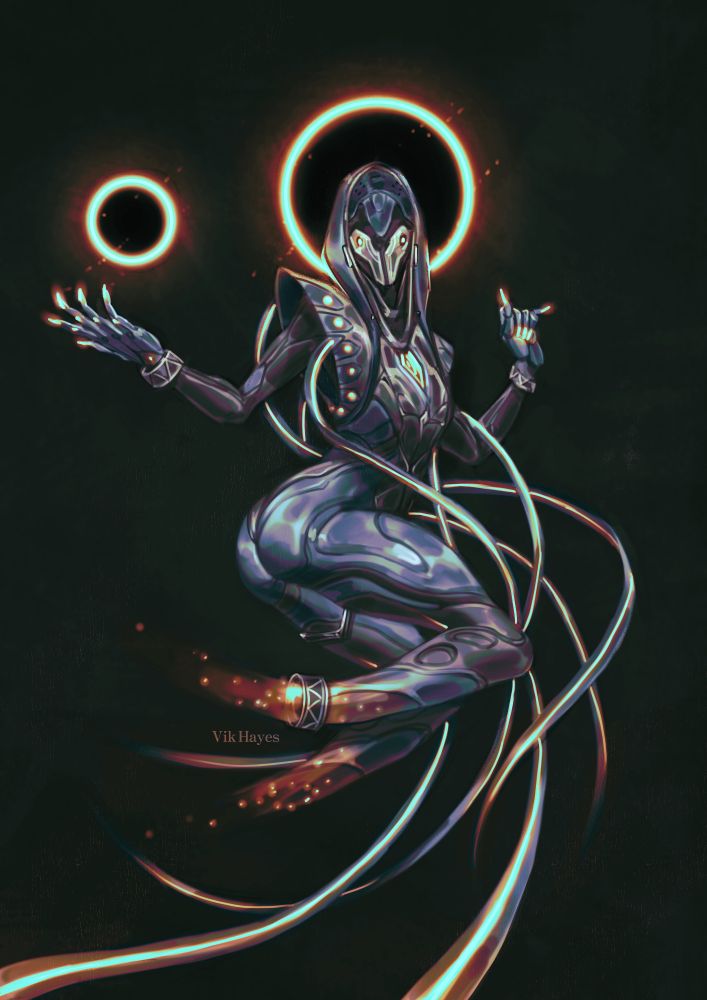 Wisp from Warframe, featuring the Graxx Tennogen helmet and Somnium   skin body. Backlit by eclipsed suns