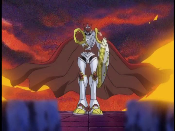 gallantmon swinging their cape over their shoulder, extinguishing the flames as they do
