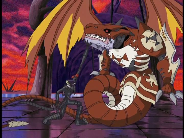 beezlemon extending one of his arms upwards to hold the jaw of megidramon