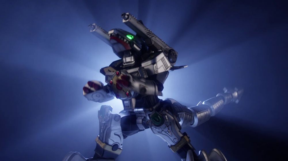 the megazord from zenkaiger. it's a mechanical bipedal armored dinosaur with rockets on it's shoulders and a segmented drill tail. the hands are rocket launchers, with 3 red rocket heads poking out of each. it's standing in front of a bright light to create a dramatic light burst background.