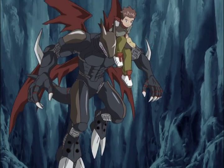 Ryo sitting on the shoulder of Machinedramon as he flies down into a rocky hole