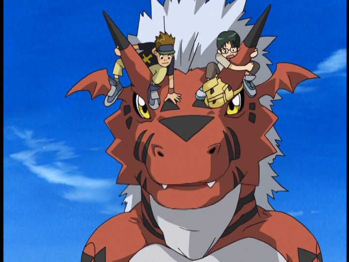 kenta and kazu riding on top of growlmon's head by holding on to each horn 