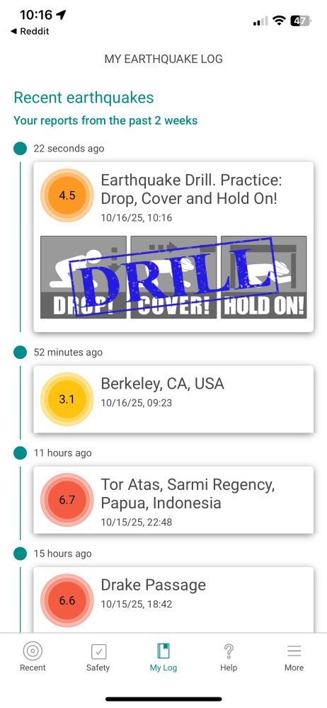 Screenshot of the My shake app showing an alert for the scheduled earthquake drill that happened 52 minutes after an actual earthquake happened in Berkeley, CA