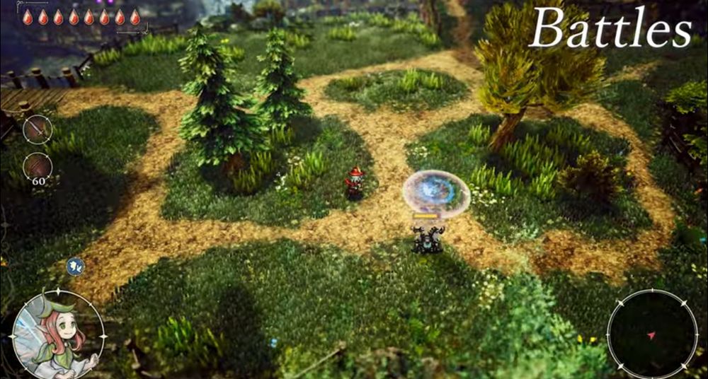 screenshot aus ›The Adventures of Elliot‹ im common jrpg-waldgebiet im HD-2D-Stil a la Octopath