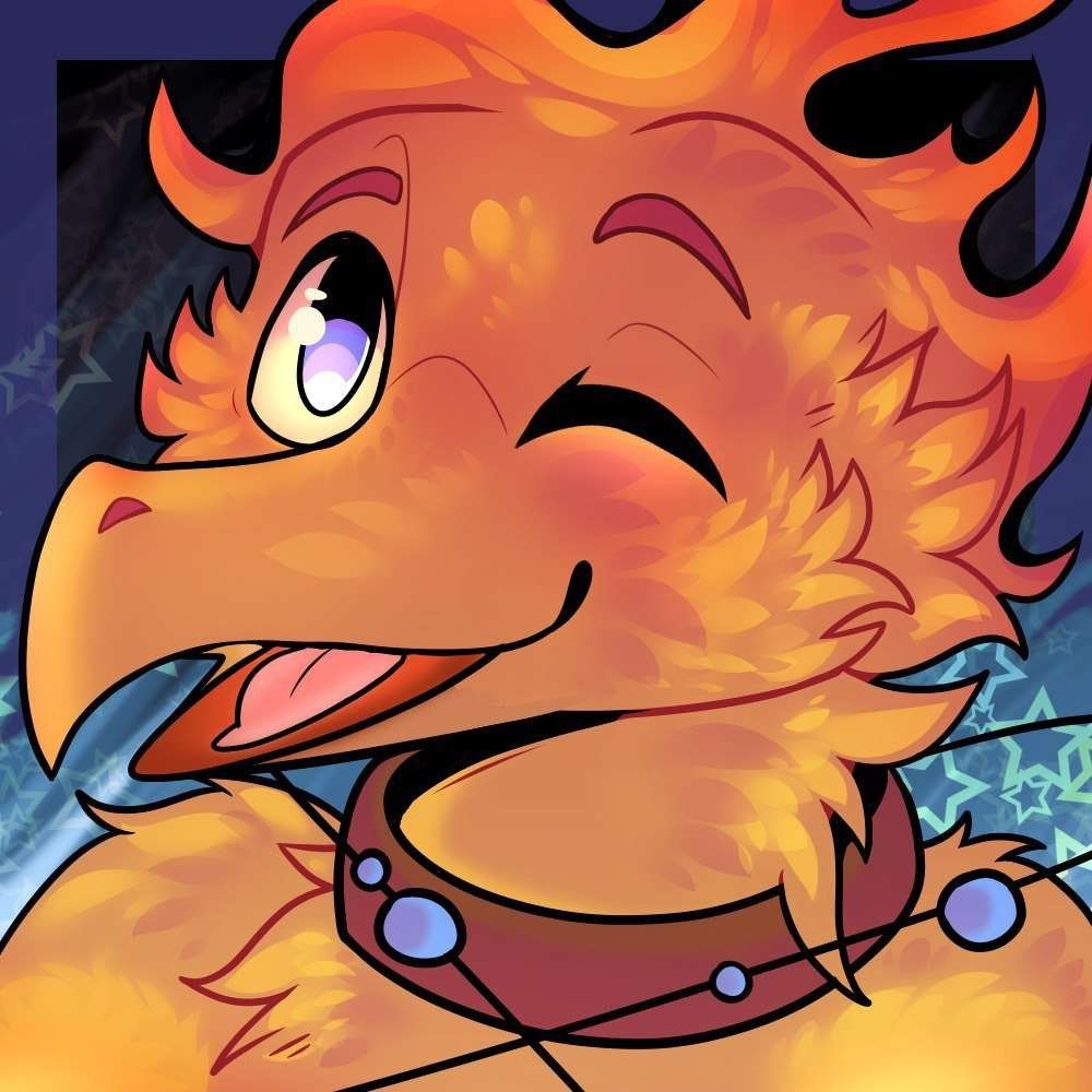 Orange phoenix with some red and yellow hues, beak open in a smile giving a wink. Bright purpleish blue eye and a collar around which some enlarged "electron orbitals" are floating.
