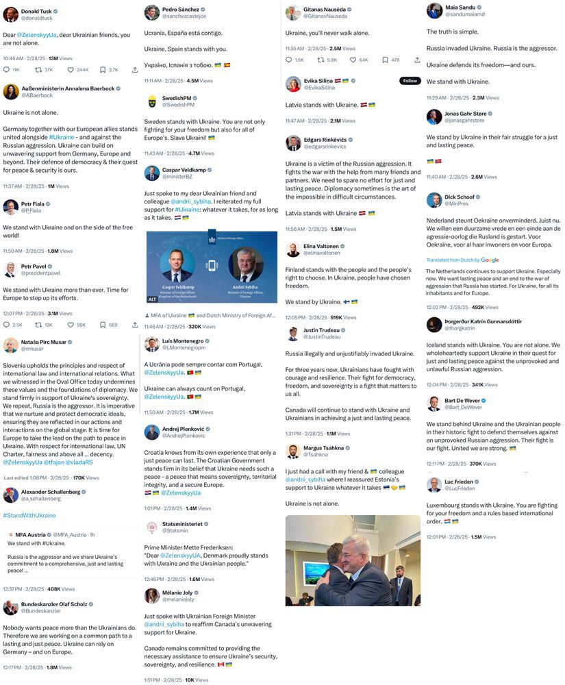 A list of recent tweets from world leaders who confirm support for Ukraine after today’s Oval Office meeting.  