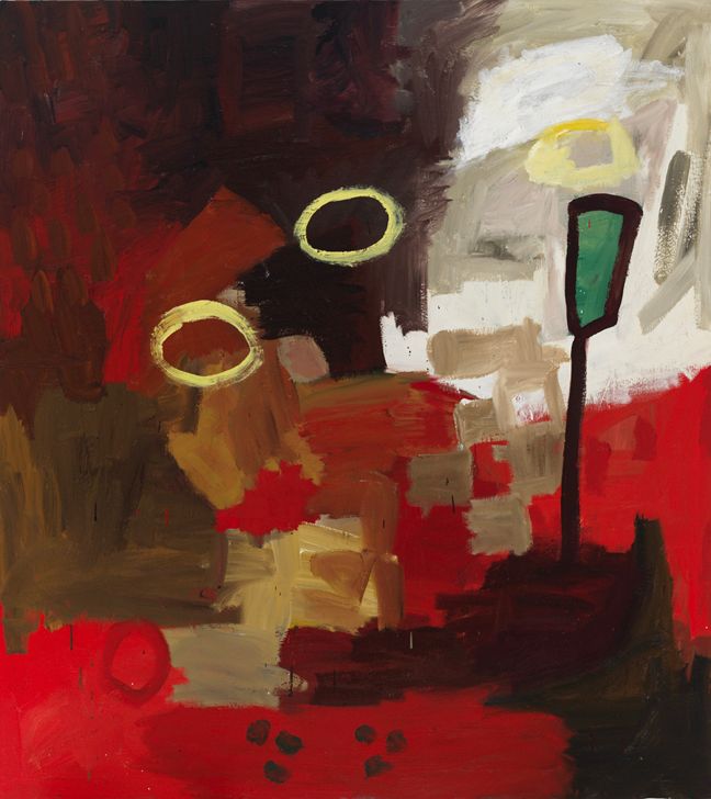 Oil on canvas in a color field of patchy red and browns with a righthand corner in white like a cloud or receding horizon. In the foreground there is a floating checkerboard like a tablecloth with two paw prints in the redness beneath. Most pronounced is a wine glass and three yellow hovering halos. 