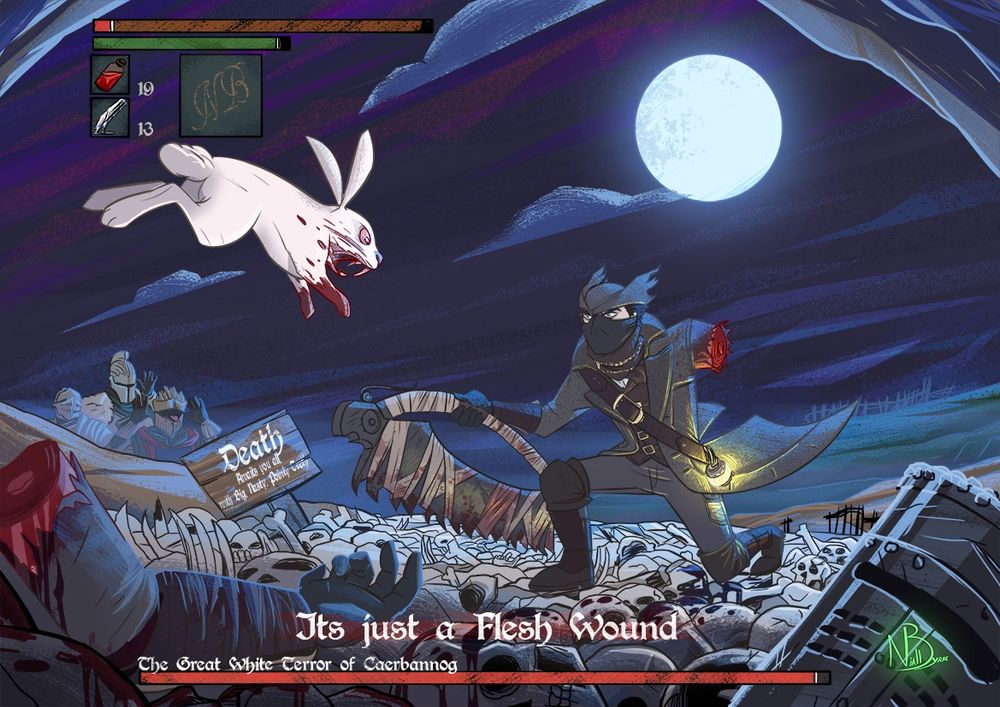 A mash up between bloodborne and Monty Python and the Holy Grail.  The Great White Terror has taken the hunters arm clean off, but it’s Just a flesh wound!
He prepared on one knee and ready to counter attack as The Great White Terror leaps at The Hunter.