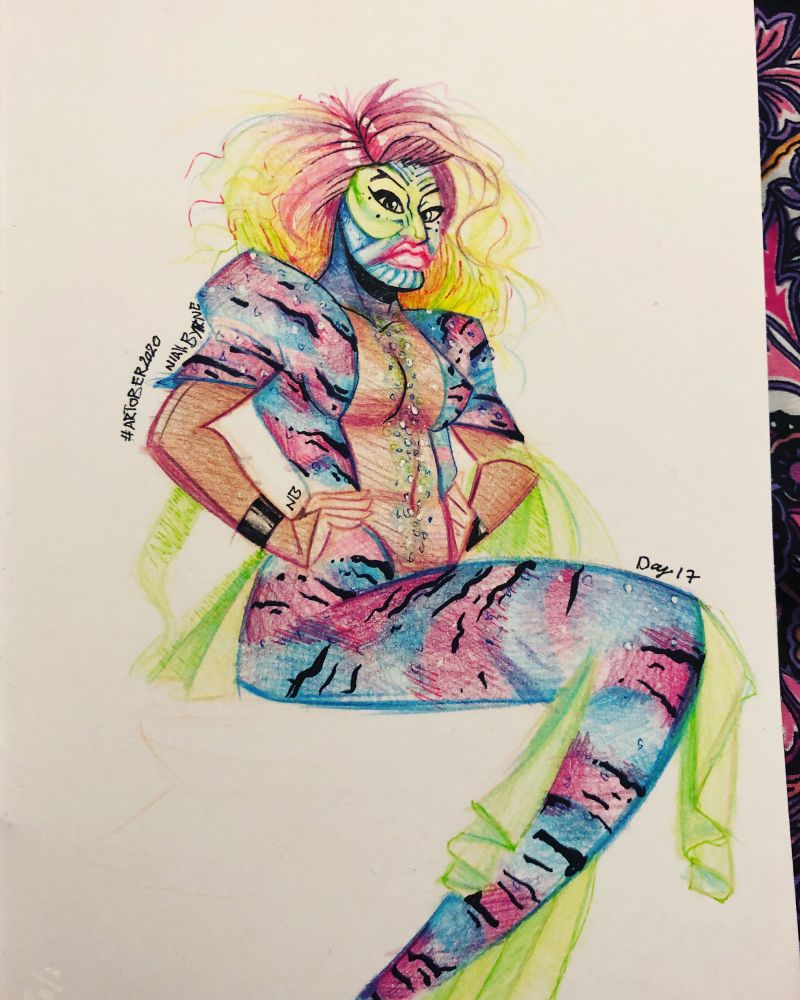 Aisa O’Hara! Illustration from artober 2020.  American Drag Queen and costume designer! Was also a was contestant on Rupauls drag race! It’s based on her Mermaid fantasy design.