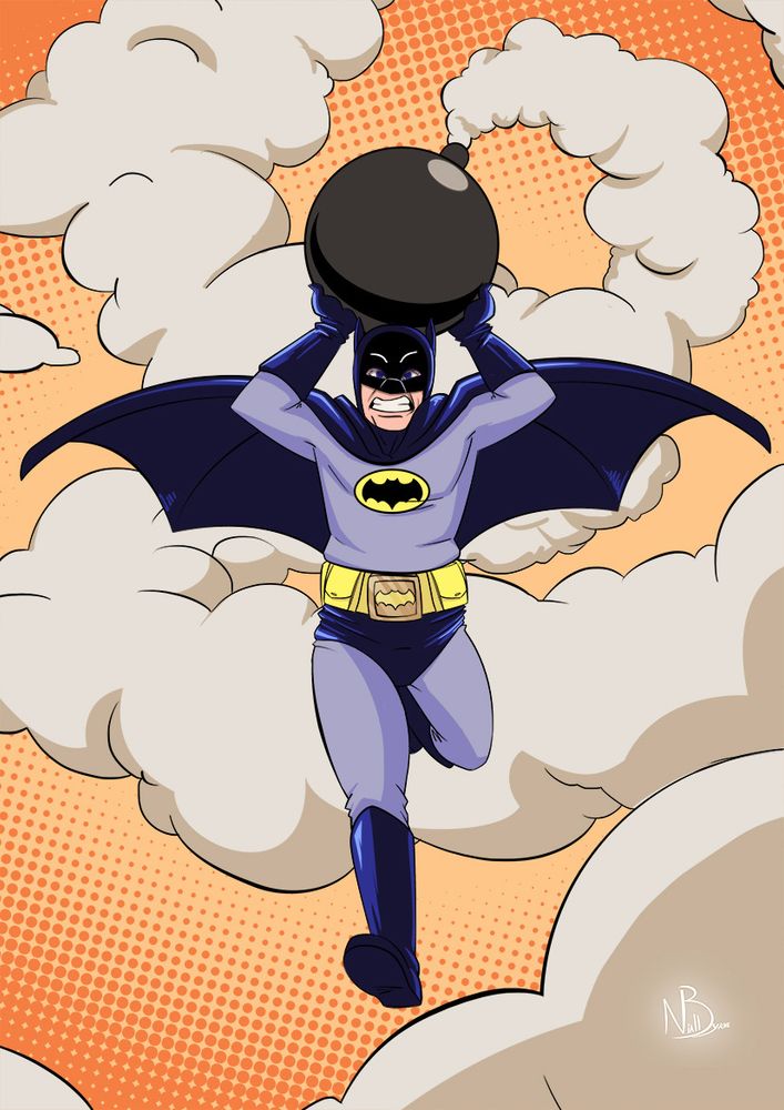 A tribute piece to the late Adam West 2017.  
The illustration depicts Adam West’s Batman, doing one of his most iconic scenes running with a comically oversized bomb with now where to throw it, he’s running towards the camera in a very dramatic fashion with smoke coming out of the top.  With a graphic comic Orange background behind him.