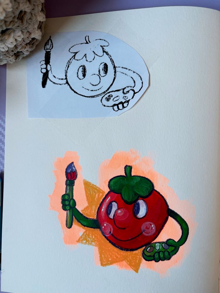 Sketchbook page with painting of a tomato holding a paintbrush and palette. 