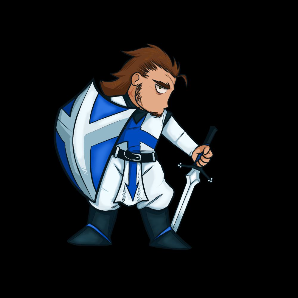 The paladin ItsJordanB is a stocky but serious man who stands firmly with a sword and shield but has his head at a profile angle. Jordan is a man with shoulder length spiky brown hair and a brown beard who has an x scar on his neck. He wears knightly white attire with a blue arrow symbol and carries a blue shield with a silver embellishment on the front. 