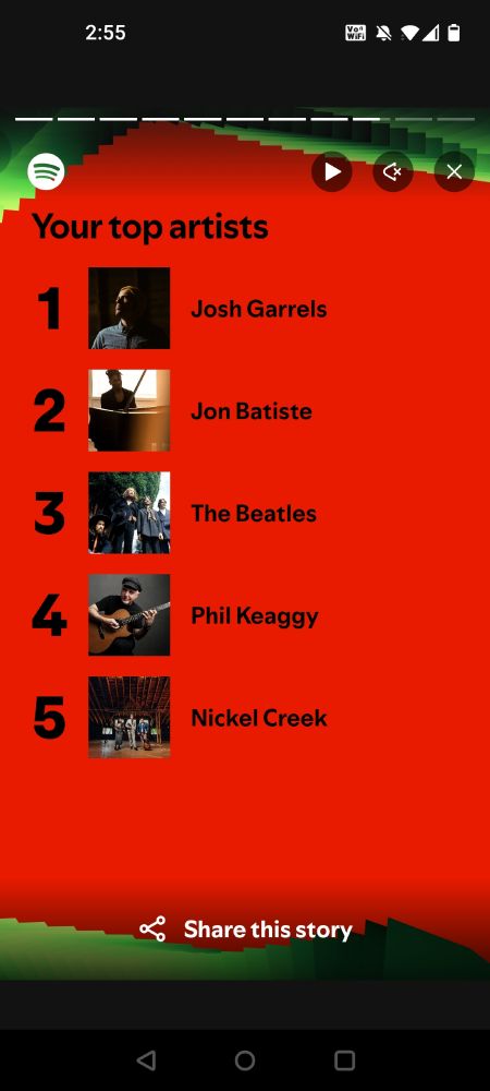 My Spotify Wrapped top 5 artists.
1) Josh Garrels
2) Jon Batiste
3) The Beatles
4) Phil Keaggy
5) Nickel Creek