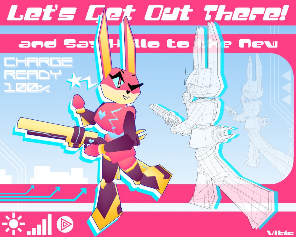 A Y2K-styled graphic of a 3D model of a robot bunny holding a lever-action shotgun. The partially obscured text above reads "Let's Get Out There! and Say Hello to the New" To the left of them, the text reads "Charge Ready 100%." To the right of them, a wireframe version of the bunny is shown with small text counting 4692 tris in the model.