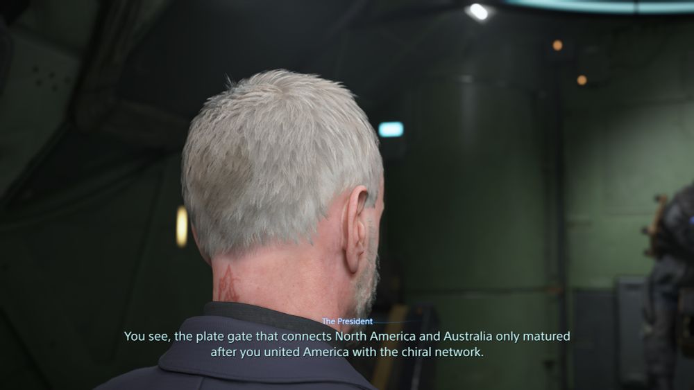 The undemocratically elected president of the United Cities of America with an “APAC” brand or birthmark on his neck.