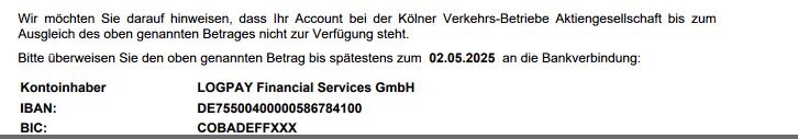 Ausschnitt einer unbeglichenen Rechnung von Logpay im Auftrag der KVB. Ich lebe wie die Made im Speck, indem ich Mahnungen fürs Busfahren kassiere.