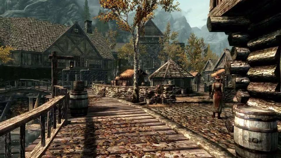 Screen du jeu vidéo Skyrim : une vue du centre-ville de Faillaise par une journée ensoleillée. 