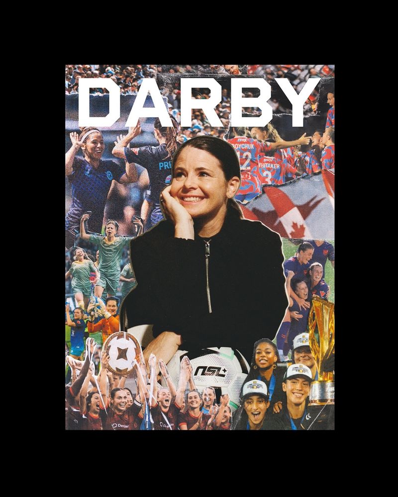 Diana Matheson on a magazine cover with DARBY in block letters above her. Collage cutouts of Northern Super League soccer players surround her.