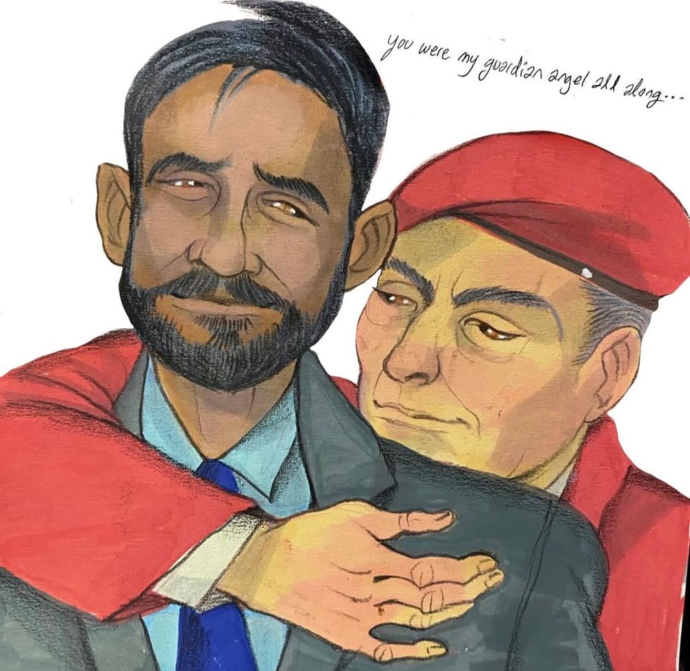 Illustration of Zohran Mamdani and Curtis Sliwa embracing each other.

Text reads: you were my guardian angel all along...