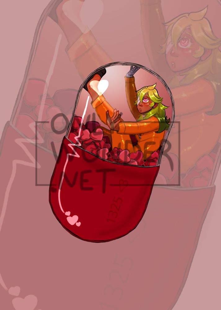 Nico from Nanbaka in a pill capsule that is half full of hearts. The art style is very shiny with lots of red-tinted colors.