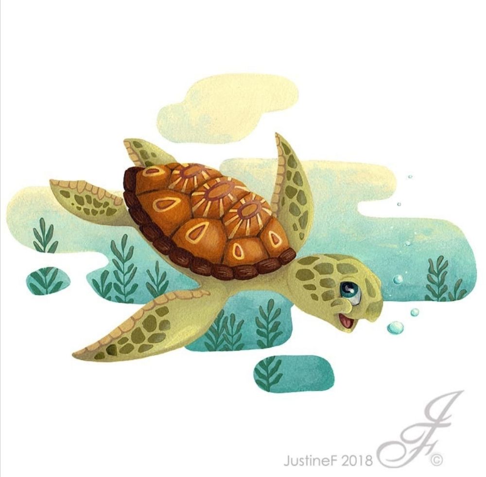 Stylized and fun sea turtle smiling and looking at us while swimming in a rather graphic-shaped water.
Acrylic painting.