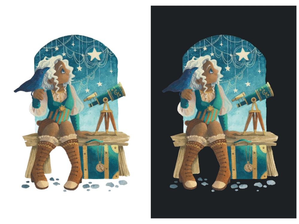 Two pictures side by side of the same girl in a blue and brown outfit with a telescope and a suitcase, white background on the left, dark blue background on the right.