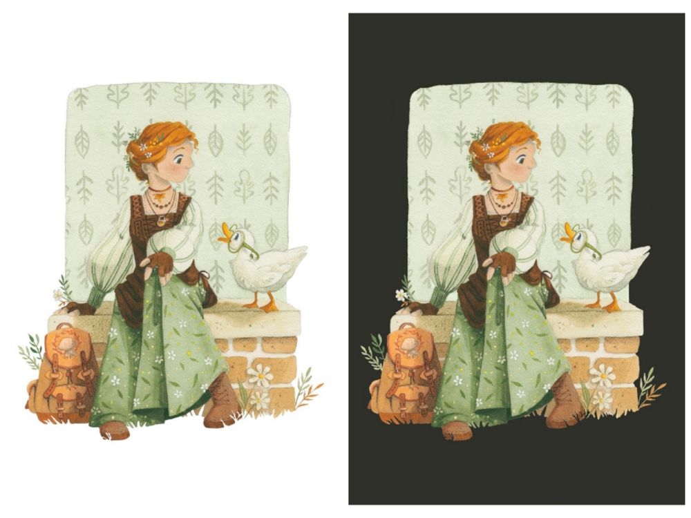 Two pictures side by side of the same girl in a green dress, white background on the left, dark green background on the right.