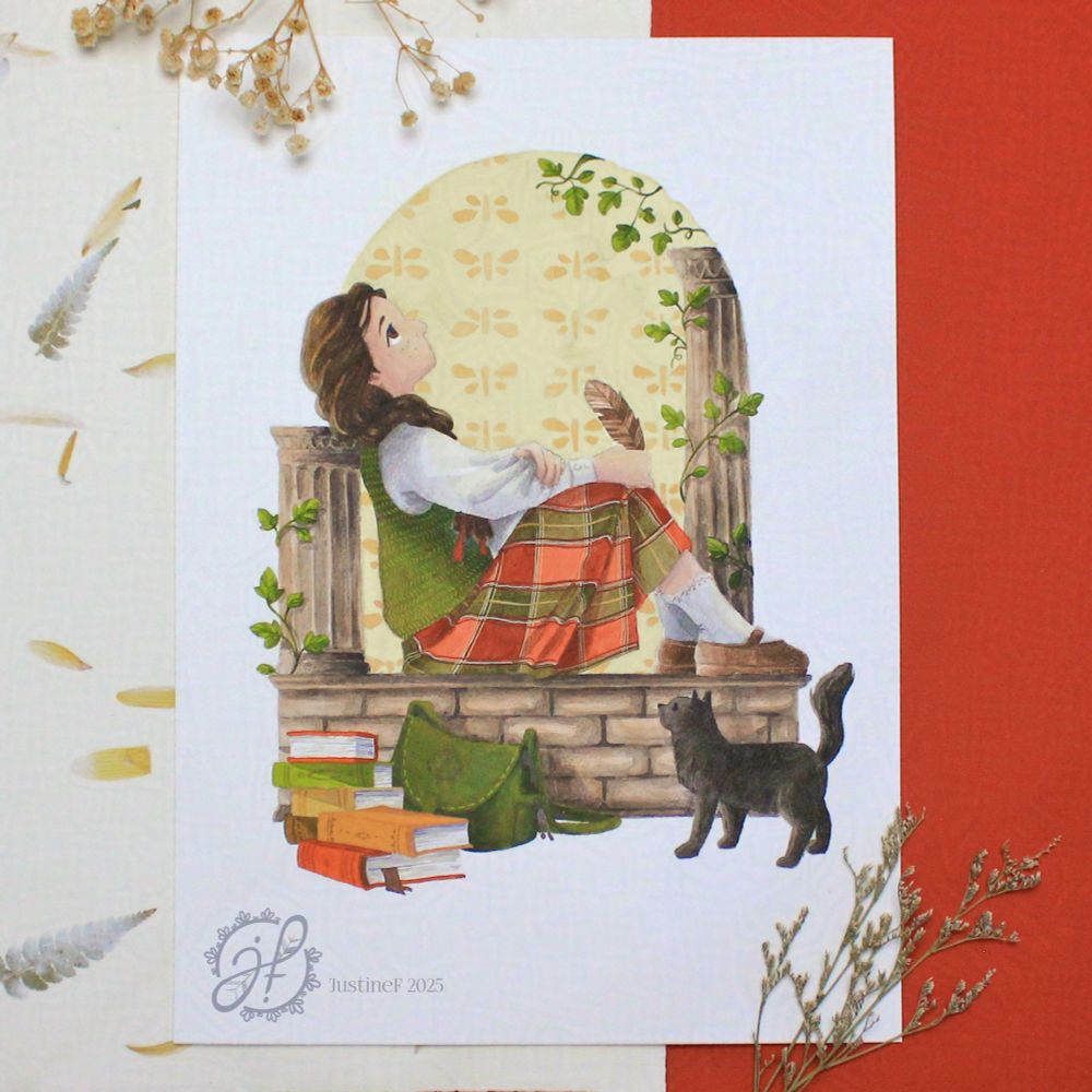 Watercolour illustration of a girl sitting on a low stone wall, with two Greek-style columns on the side. There's ivy climbing up the columns.
The girl is a having a braid, is looking up while holding a quill. She's wearing a green vest and a tartan skirt, green and red.
There are books and a green bag on her left, and a black cat on her right.
The painting is placed on on two types of paper, and is framed by some dry flowers.