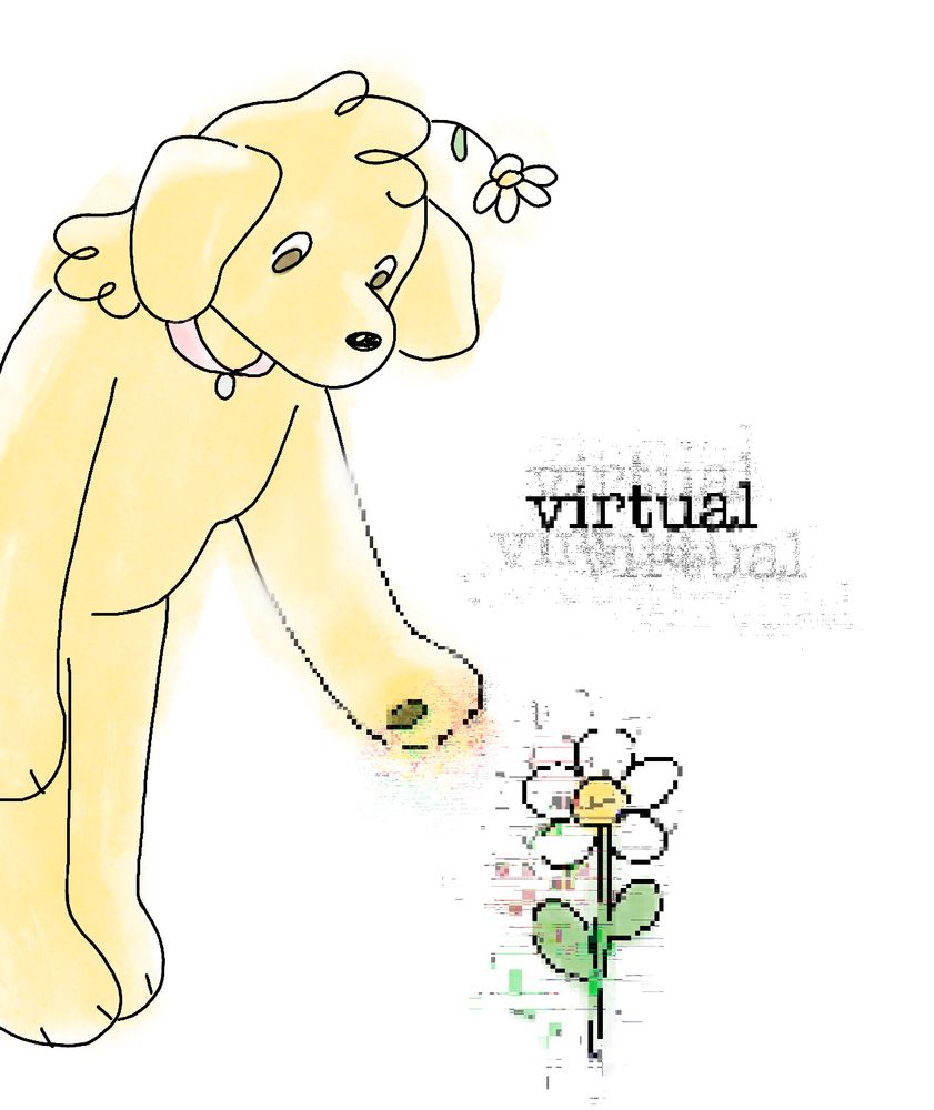 flower.puppy reaching down to a pixelated flower, her paw becoming pixelated as well. the pixelated “virtual” text appears distorted above