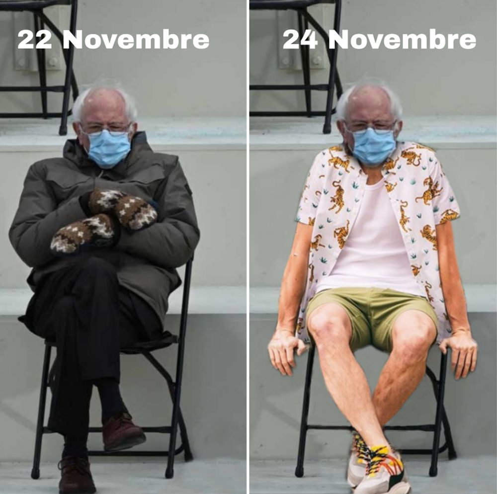 Bernie Sanders en moufle et anorak / Bernie Sanders en short et t-shirt 