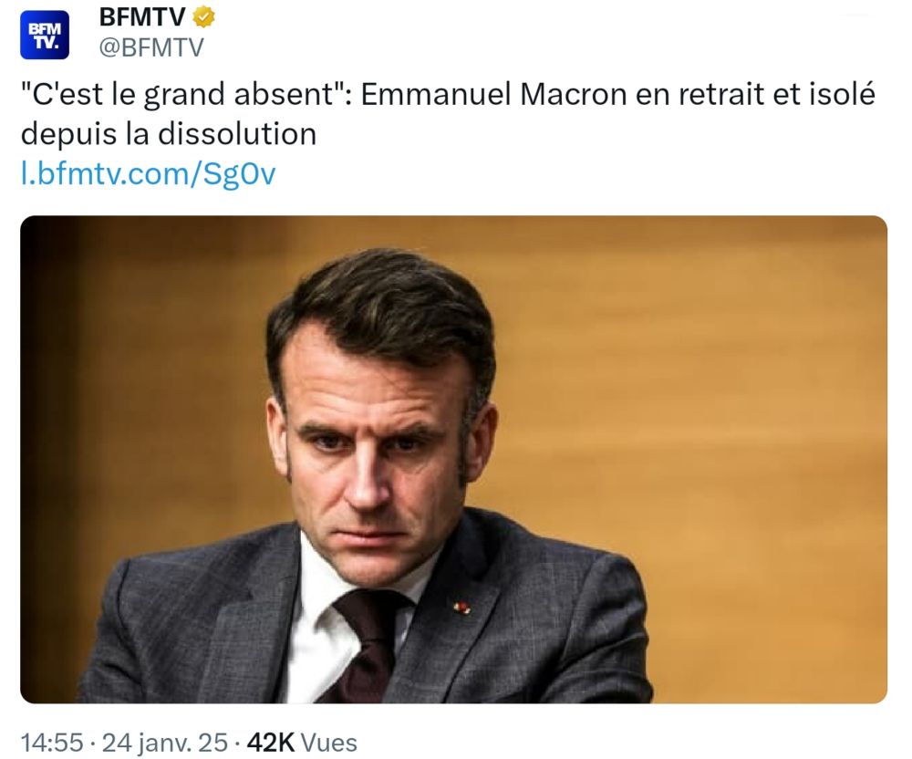 Article de BFMTV montrant Emmanuel Macron tout chafouin avec le titre "Emmanuel en retrait et isolé depuis la dissolution"