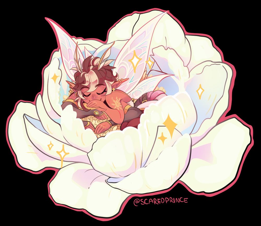 Leo's oc Nym as a tiny pixie taking a nap in a white peony. She's all snug as a bug in the flower's pollen with a big ol' smile on her face. Hiding behind her hands which are laced in front of her face- like she's got a secret