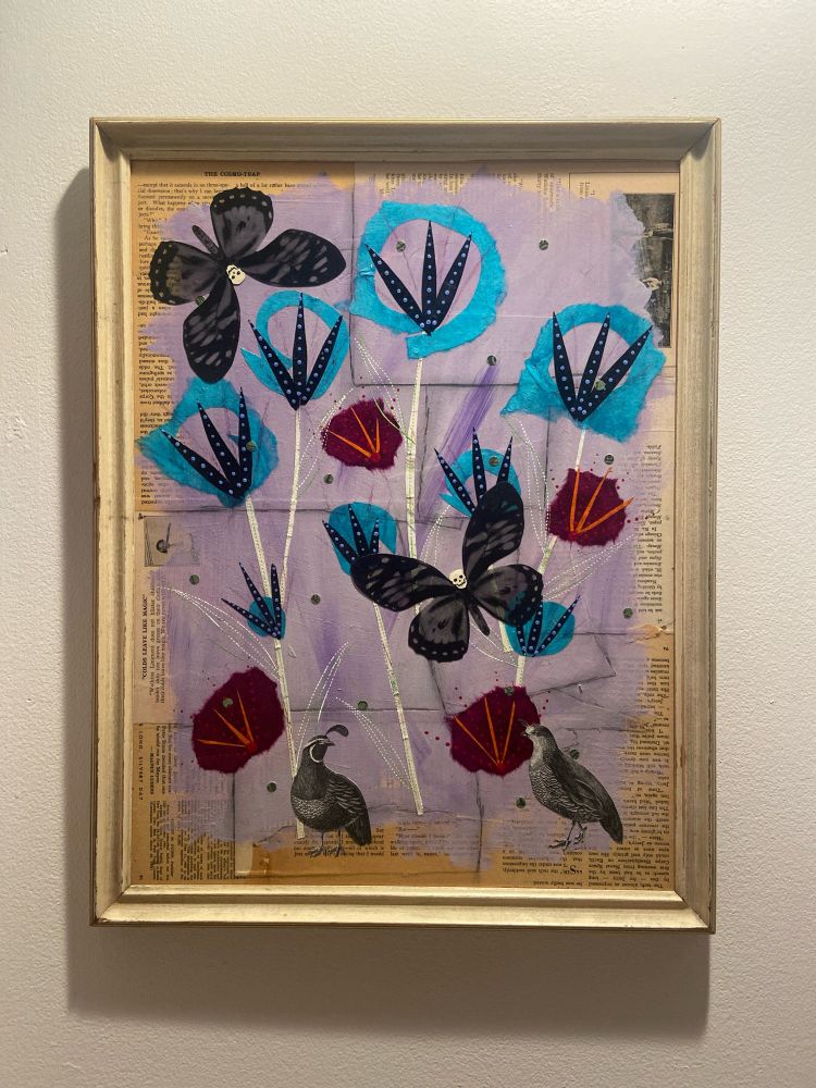 Painting of butterflies and quails on a lilac background