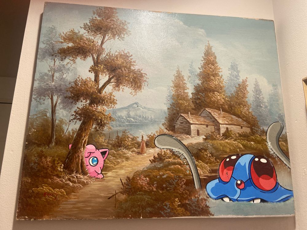 Landscape painting with the Pokémon Jigglypuff and Tentacruel added