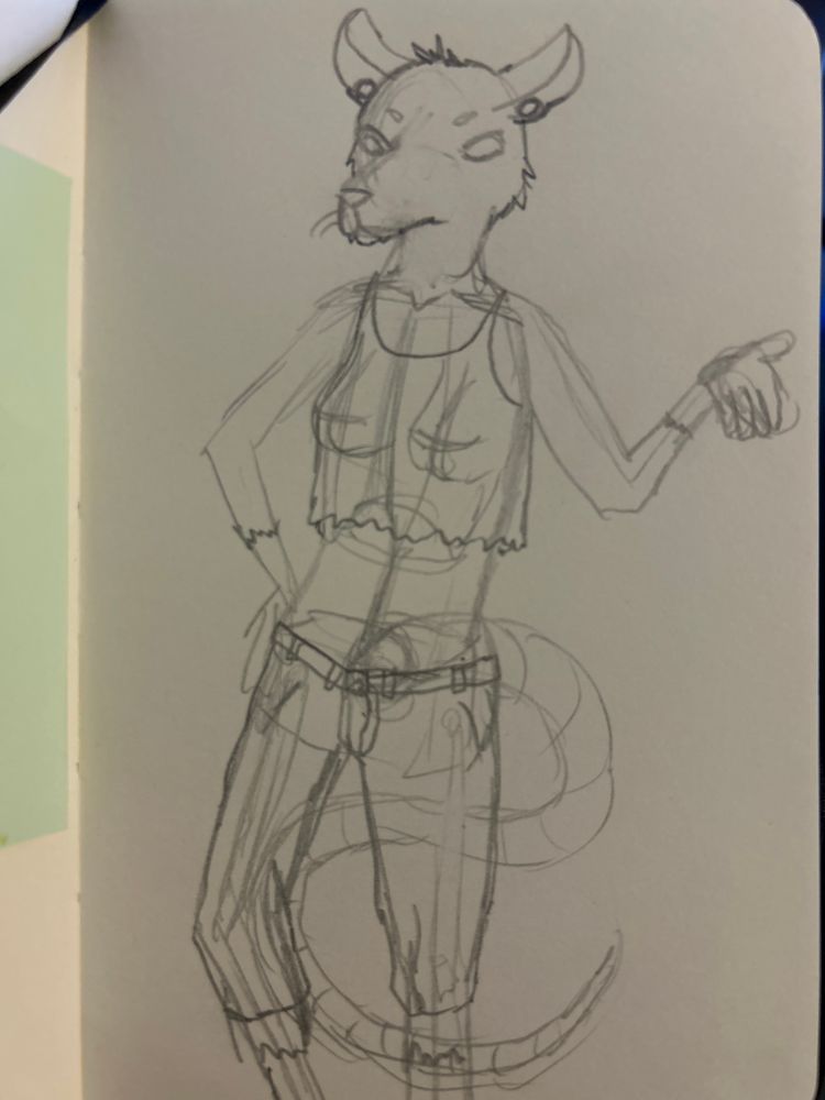 A pencil sketch of an anthropomorphic opossum in a cut off tank and capris with gauges in their ears. 
