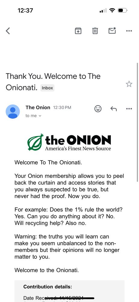 The email from The Onion to me confirming my subscription.