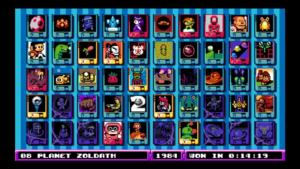 UFO 50 game cartridge screen showing which games I've played, completed, and chery'd