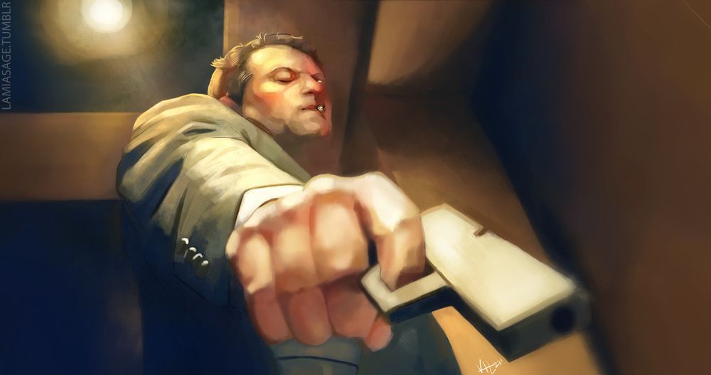 A digital painting of Harvey Dent/Two-Face from the TV show Gotham Knights that ran on the CW. It shows him from a mixture of Dutch angle and frog perspective. His unscarred face is turned towards the viewer, his arm going diagonally through the painting, with the gun that he's holding pointing at the forefront. You can see rage and anger on the scarred side of his face. The color of the painting resembles the art deco vibes from the show, with golds, greens, and slight blues. 