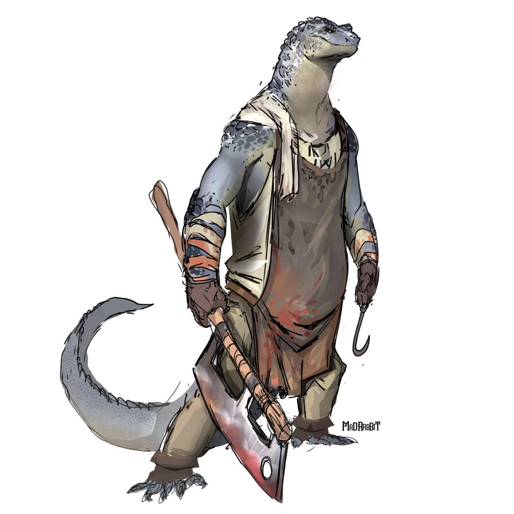 A humanoid lizard man holding a large cleaver
