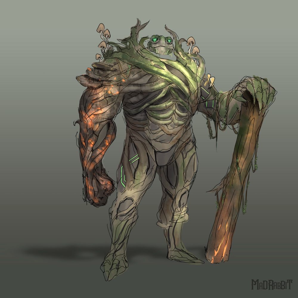 a humanoid-shaped creature made of thick vines surrounding magic stones. He's holding an entire tree trunk as a weapon. Little mushrooms grow out of his shoulders.