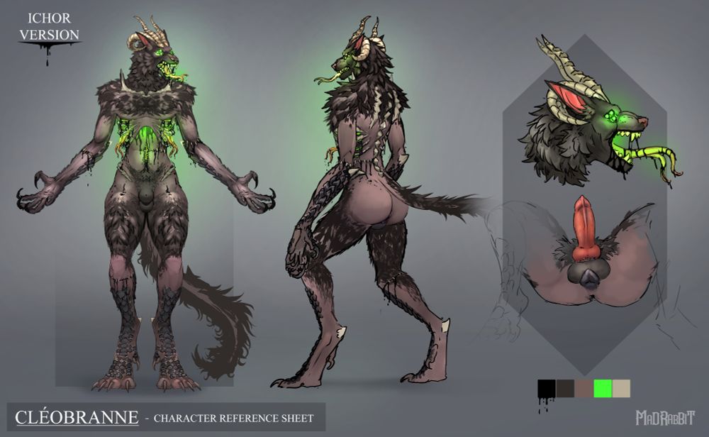 A character reference sheet of a werewolf-like character. They have a green necromantic glow emanating from their chest, mouth and eyes.