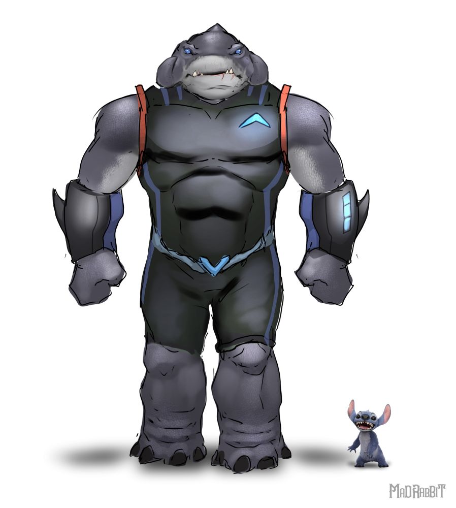 Huge whale/sjark man standing menacingly 