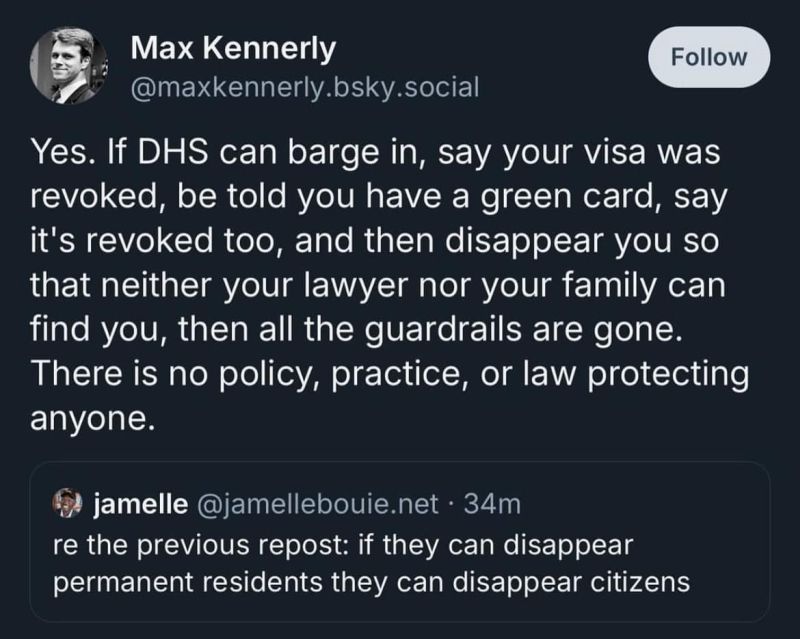 Social media post discussing potential consequences of DHS actions on visa revocation, green card status, and impacts on legal and family resources.