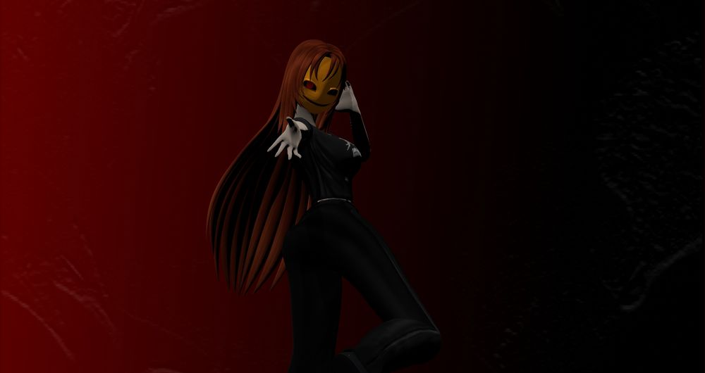 A woman with brown hair and brown mask with red eyes and a crop top shirt  that says bailey with 3 rows of 3 eyes reaching her arm out